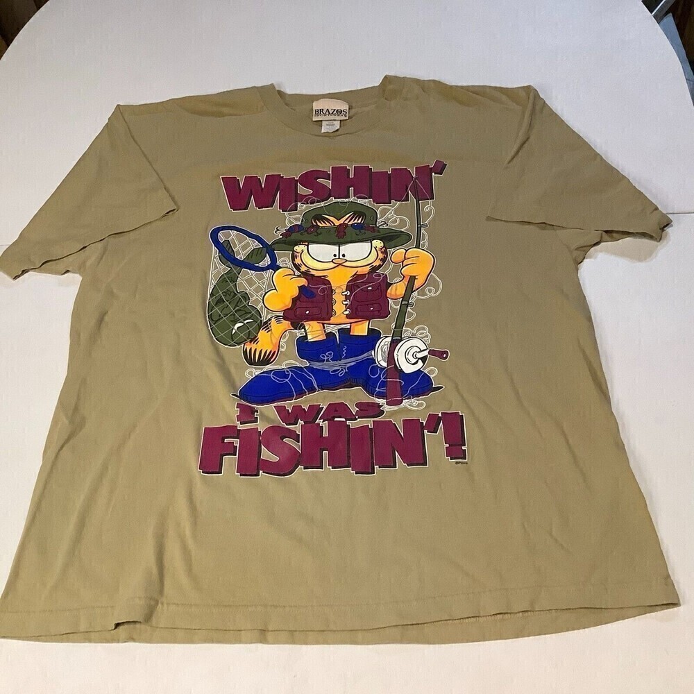 Vintage Wishin I Was Fishin T-shirt Made  USA Size XXL 2XL Brazos Sportswear